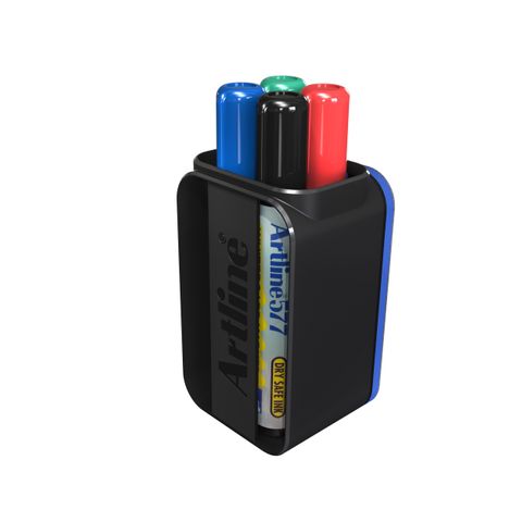 MARKER ARTLINE 577 WHITEBOARD/ ERASER CUP  WITH BLACK,BLUE,RED AND GREEN MARKERS.