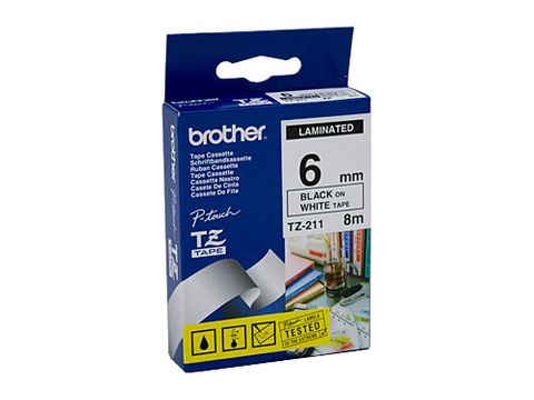 TZE211 TZE211 BROTHER 6MM BLACK TEXT ON WHITE TAPE - 8 METRES