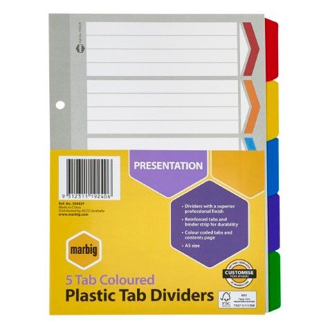 DIVIDERS 5 TAB A5 COLOUR REINFORCED