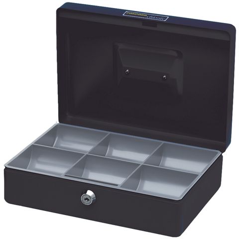 CASH BOX CLASSIC  NO10  BLACK  250W X 180D X
80MMH STURDY STEEL CONSTRUCTION  COIN TRAY
6 COMPARTMENT  LOCKABLE  WITH 2 KEYS.