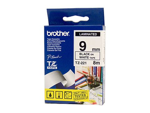 TZE221 BROTHER 9MM BLACK TEXT ON WHITE TAPE - 8 METRES