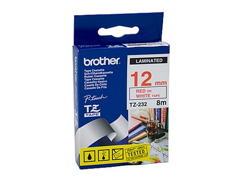 DYN-TZE232 TZE232 BROTHER 12MM RED TEXT ON WHITE TAPE - 8 METRES- CQS15