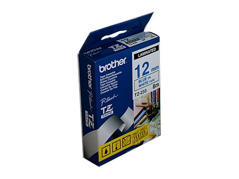 DYN-TZE233 TZE233 BROTHER 12MM BLUE TEXT ON WHITE TAPE - 8 METRES