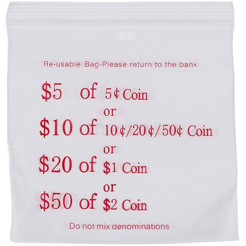 COIN BAGS PRESS SEAL 60MIC 110X100MM CLEAR/RED BOX OF 1000