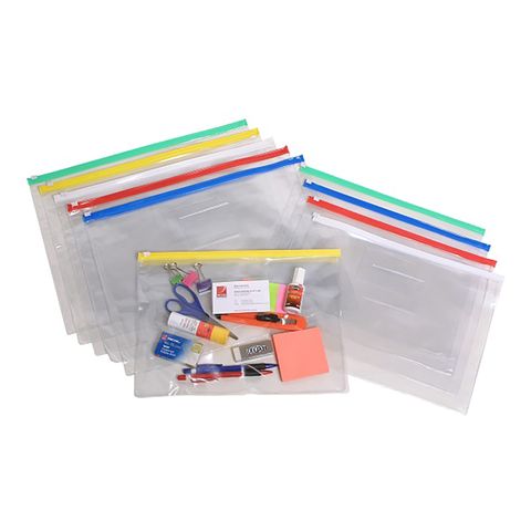 CLEAR CASE A5 235X185 ASSORTED COLOURS WITH ZIP CLOSURE