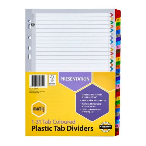 DIVIDERS MARBIG A4 PLASTIC 1-31 TAB COLOURED