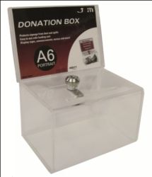 DONATION BOX   CLEAR ACRYLIC   LOCKABLE  
A6 LANDSCAPE SIGN HOLDER 
165W X 205H X 110D  MM