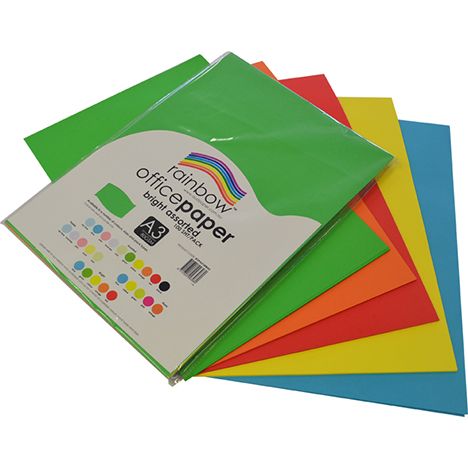 RAINBOW OFFICE A3 COPY PAPER 80GSM BRIGHT ASSORTED COLOURS PK100