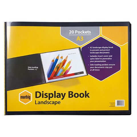DISPLAY BOOK A3 LANDSCAPE MARBIG NON-REFILLABLE 20 POCKET INSERT COVER BLACK