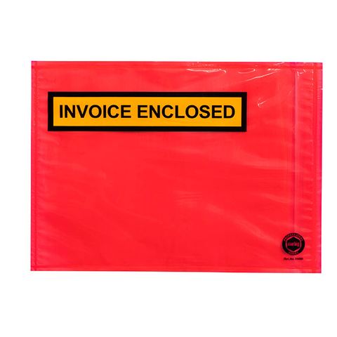 INVOICE ENCLOSED 230X165MM ADHESIVE PACKAGING ENVELOPE  RED BACKGROUND/YELLOW & BLACK PRINT