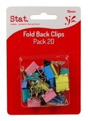 FOLD BACK CLIPS 15MM ASSORTED COLOURS PK20 STAT