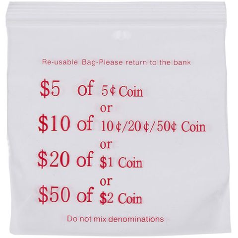 COIN BAGS PRESS SEAL 60MIC 110X100MM CLEAR/RED PACK OF 100