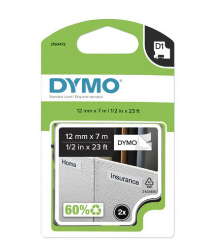 DYMO D1 12MM  BLACK/WHITE PK2 LABELLING TAPE