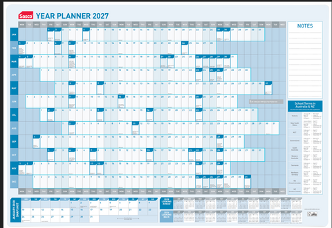 YEAR PLANNER WALL 2027 SASCO 10580 870X610MM