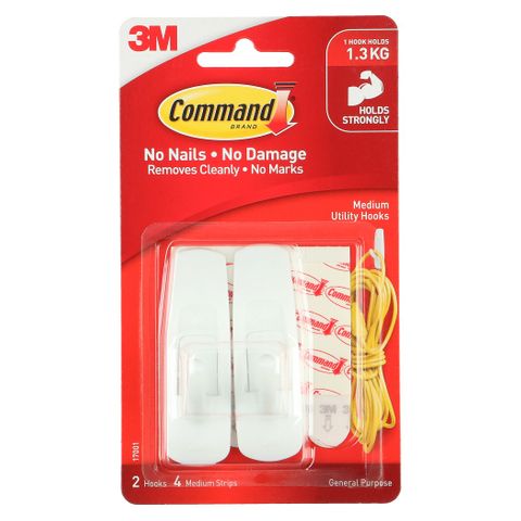 COMMAND HOOK MEDIUM 17001 WHITE HOLDS UP TO 1.35KG PK2