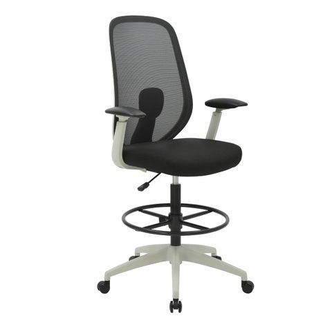 CHAIR DRAFTING BURO FORCE LIGHT GREY FRAME & BLACK SEAT BREATHABLE MESH BACK WITH HEIGHT ADJUSTABLE LUMBAR SUPPORT HEIGHT & WIDTH ADJUSTABLE ARMREST 
SPECIFICATION SHEET AVAILABLE ON REQUEST