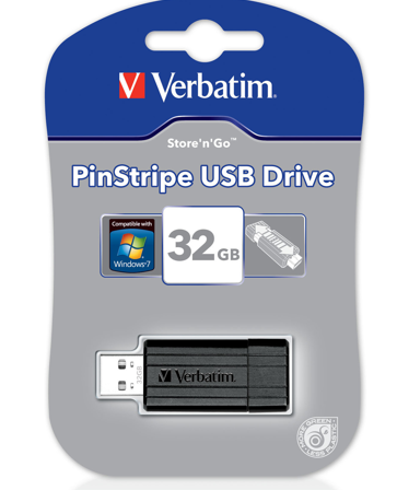 USB 32GB VERBATIM STORE AND GO PINSTRIP BLACK READ SPEED 16MB/S - 20MB/S WRITE SPEED 9MB/S