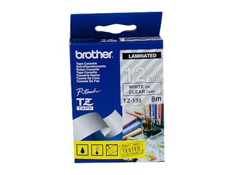 TZE135 BROTHER 12MM WHITE ON CLEAR TAPE