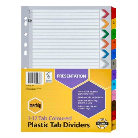 DIVIDERS REINFORCED COLOURED A4 1-12 TAB MARBIG