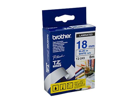 DYN-TZE243 TZE243 BROTHER 18MM BLUE TEXT ON WHITE TAPE - 8 METRES- CQS15