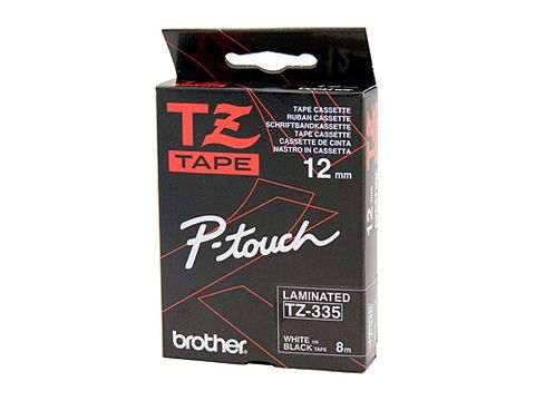 TZE335 BROTHER 12MM WHITE TEXT ON BLACK TAPE