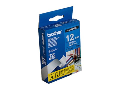 DYN-TZE535 TZE535 BROTHER 12MM WHITE TEXT ON BLUE TAPE - 8 METRES