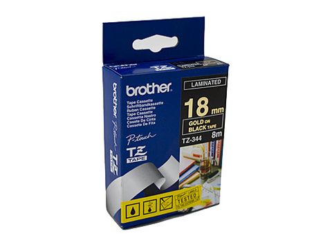 TZE344 BROTHER 18MM GOLD ON BLACK LABELLING TAPE