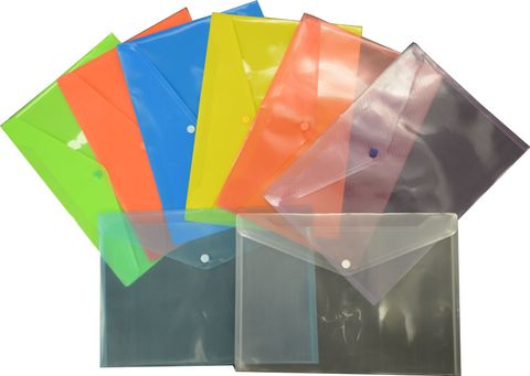 "PLASTIC DOCUMENT WALLET A4 ASSORTED BUTTON TINTS