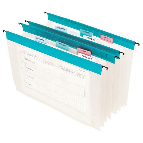 SUSPENSION FILE EXPANDING 3 POCKET GREEN/CLEAR  PK5 COMPLETE WITH TABS & INSERTS FOOLSCAP