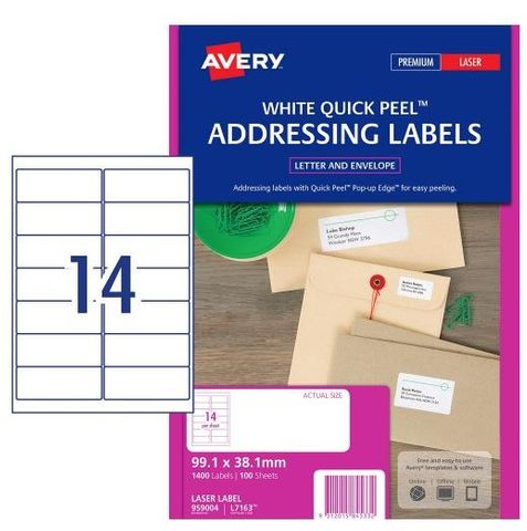 AVERY LABELS WITH QUICK PEEL WHITE 99.1 X 38.1MM L7163 - 14 PER SHEET PK100