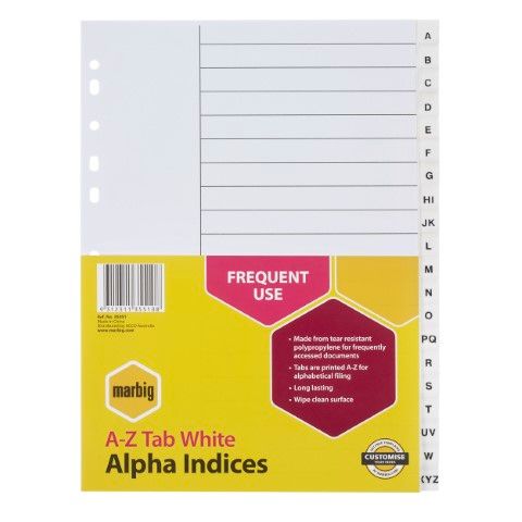 DIVIDERS A-Z TAB A4 WHITE PP MARBIG