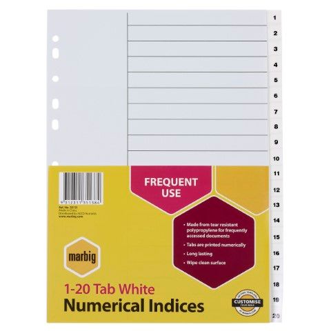 DIVIDERS 1-20 TAB A4 WHITE PP  MARBIG