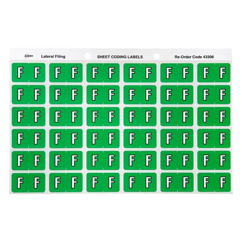 AVERY COLOUR CODING LETTER F LABELS PK180
43306   LT GREEN   SIDE TAB