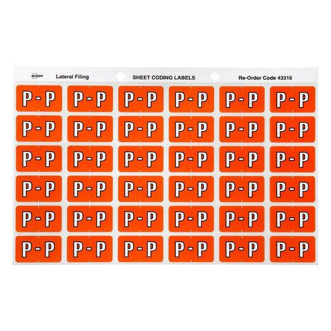 AVERY COLOUR CODING LETTER P LABELS PK180
43316   RED  SIDE TAB