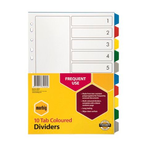 DIVIDERS A4 10 TAB MULTI COLOURED PP