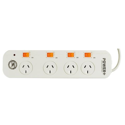 POWERBOARD 4 OUTLET SAFETY OVERLOAD PROTECTION WITH INDIVIDUAL SWITCHES 0.9M LEAD
