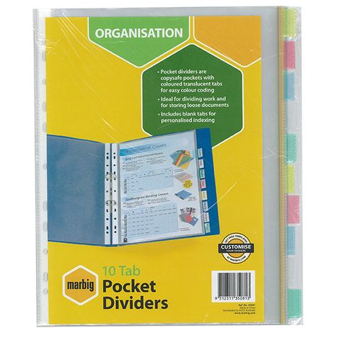 DIVIDERS 10 TAB A4 CLEAR POCKETS PP MARBIG
