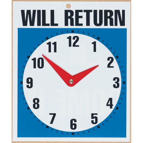 CLOCK WILL RETURN SIGN 190X230MM  MOVEABLE HANDS