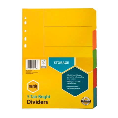 DIVIDERS 5 TAB A4 BRIGHTS MANILLA