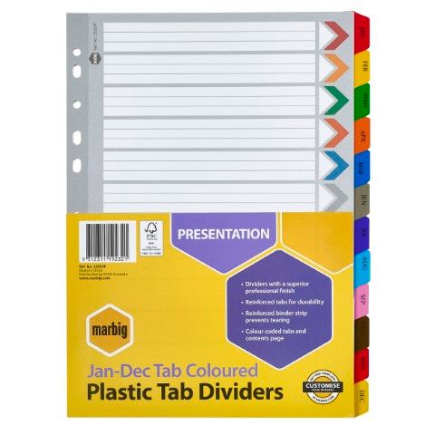 DIVIDERS JAN-DEC A4 TAB REINFORCED MANILLA COLOUR MARBIG