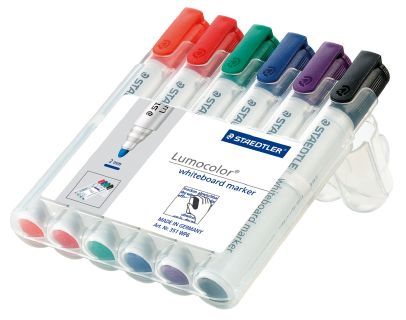 STAEDTLER 351WP6 W/BOARD MARKERS WALLET 6
ASSORTED COLOURS  BULLET TIP