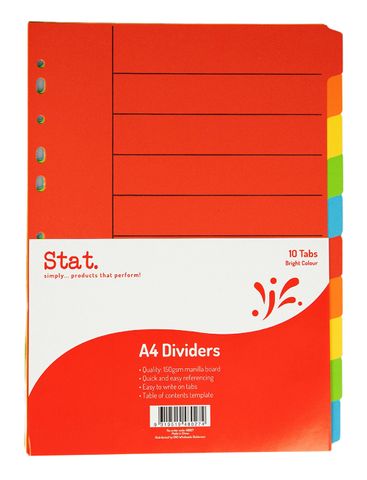 DIVIDERS 10 TAB A4 BRIGHT COLOUR MANILLA STAT