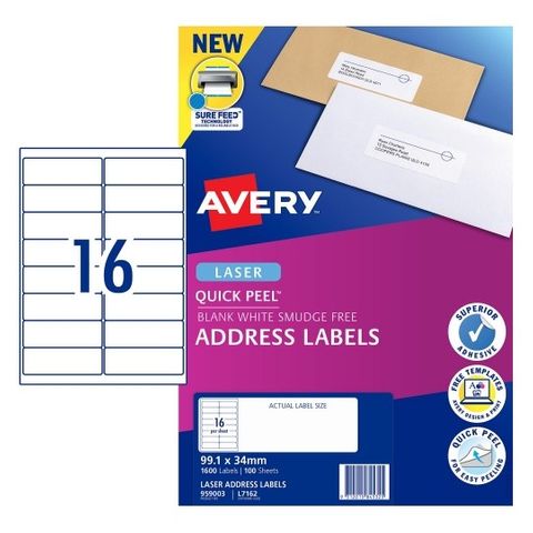 AVERY 16UP LASER LABELS 959003 PK100 / L7162
99X34MM WHITE