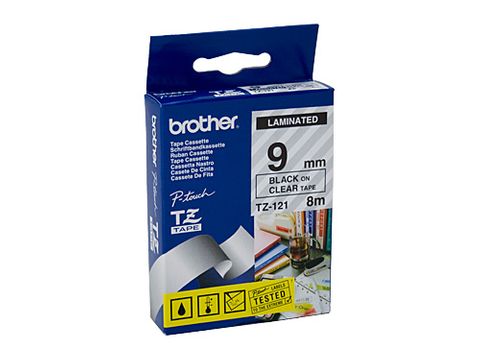 TZE121 BROTHER 9MM BLACK TEXT ON CLEAR TAPE - 8 METRES