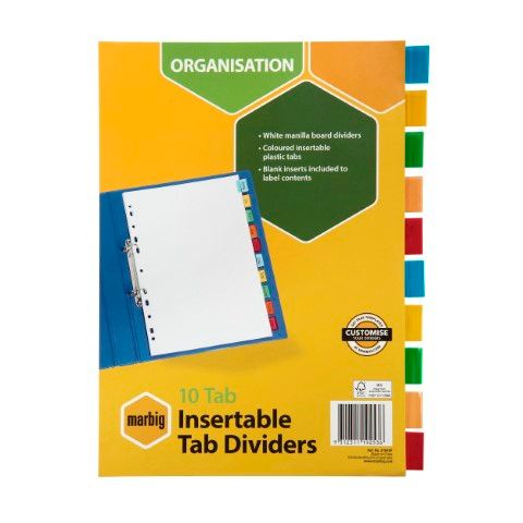 DIVIDERS 10 INSERT TAB A4 MANILLA COLOURED MARBIG