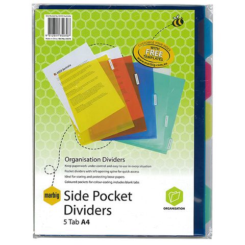 DIVIDERS 5 TAB A4 SIDE POCKETS CLEAR PP MARBIG