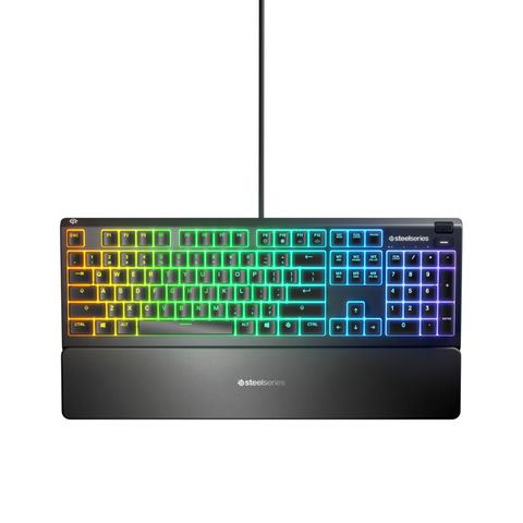 "THE APEX 3 GAMING KEYBOARD HAS IP32 WATER RESISTANCE, WHISPER QUIET GAMING SWITCHES, 10-ZONE RGB, A PREMIUM MAGNETIC WRIST REST, MULTIMEDIA CONTROLS,AND GAMING-GRADE ANTI-GHOSTING."