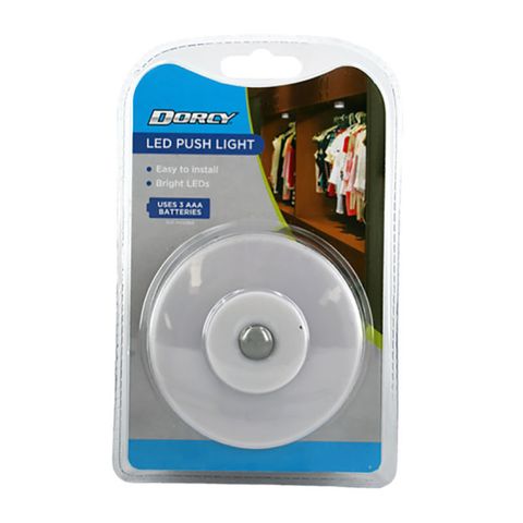"DORCY 3AAA CIRCLE PUSH LIGHT, LIGHT UP ANYWHERE WITH NO CABLES, PERFECT FOR WARDROBES, CUPBOARDS, HALLWAYS OR BY THE STAIRS"