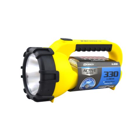 "DORCY 6AA 330 LUMEN FLOATING TORCH DURABLE AND COMFORTABLE RUBBERISED CARRY HANDLE, LED TECHNOLOGY, 6AA ALKALINE BATTERIES INCLUDED WATERPROFF, FLOATING,DROP RESISTANT, 240M BEAM, 3.5HR RUNNING TIME "