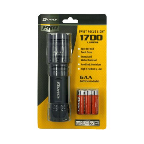"DORCY 1700 LUMEN TWIST TORCH SPOT TO FLOOD BEAM TWIST FOCUST, WATER RESISTANT, ANODIZED ALUMINIUM, HIGH,MED, LOW,STROBE FUNCTIONS, 260M BEAM DISTANCE, BATTERIES INCLUDED"
